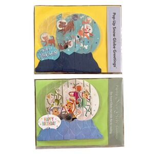 2 Pop-Up Snow Globe Greetings‎ Happy Birthday Cards - Monkey & Space Dogs Kids